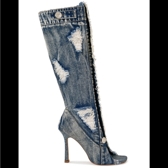 Distressed Denim High Heel Boots - Picture 2 of 2
